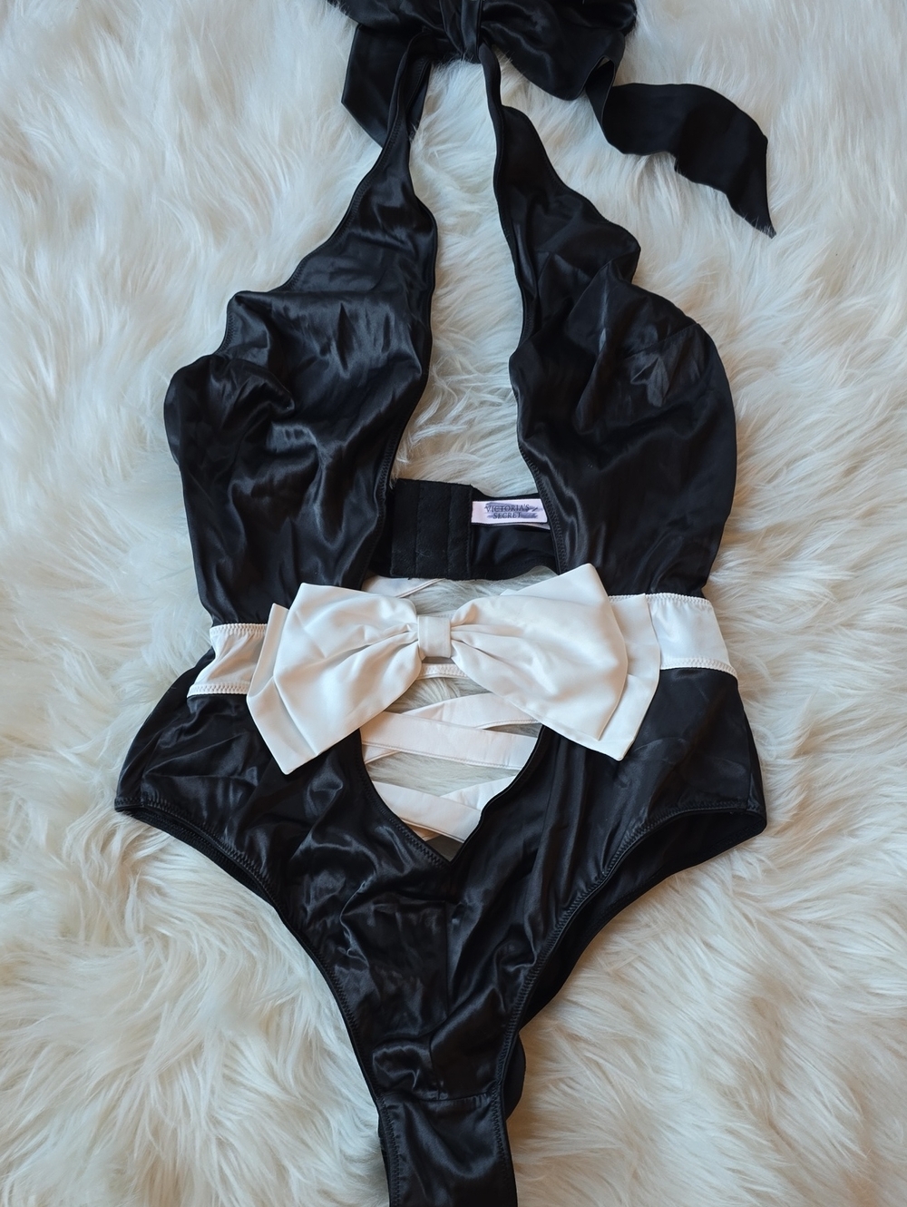 Victoria's Secret Candy Cane Dreams Satin Bow Bodysuit Black SIZE S